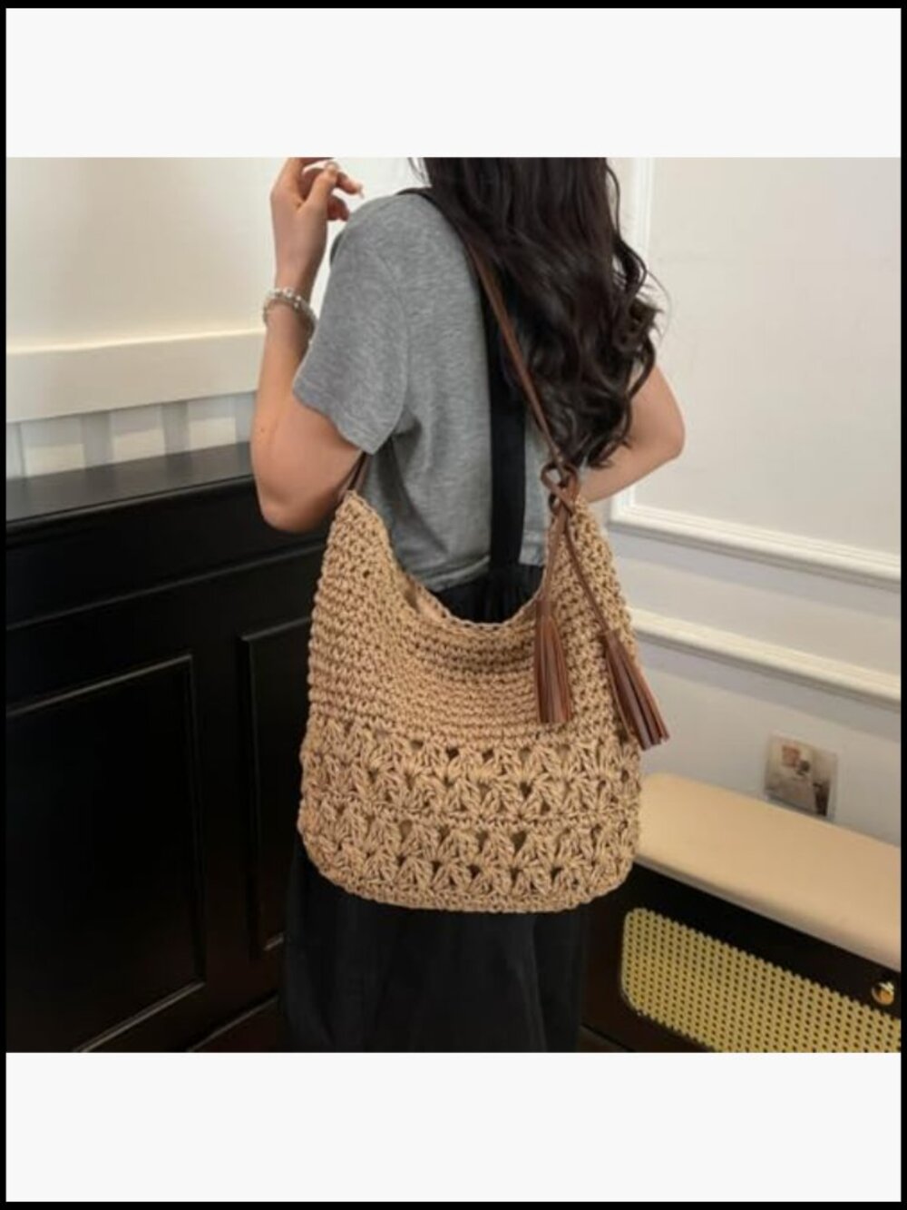 Straw Woven Tote Bag Boho Handmade Crochet Hobo Shoulder Purse Summer Beach - Picture 3 of 7